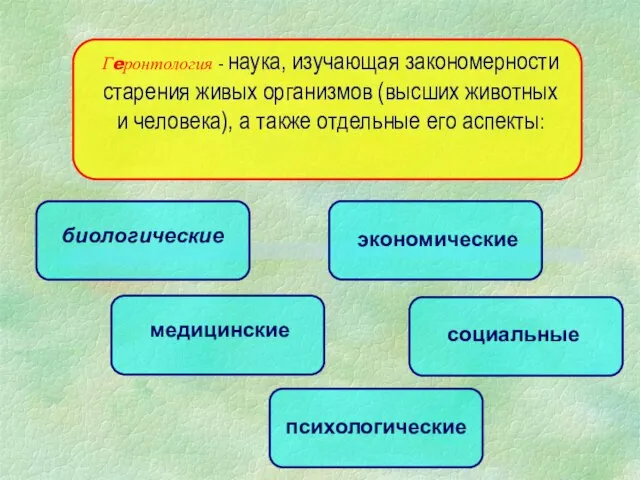 Гeронтология - наука, изучающая закономерности старения живых организмов (высших животных и