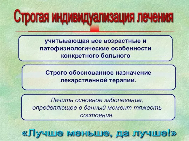 Строгая индивидуализация лечения учитывающая все возрастные и патофизиологические особенности конкретного больного