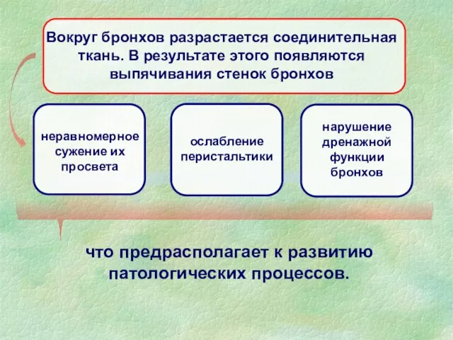 что предрасполагает к развитию патологических процессов. Вокруг бронхов разрастается соединительная ткань.