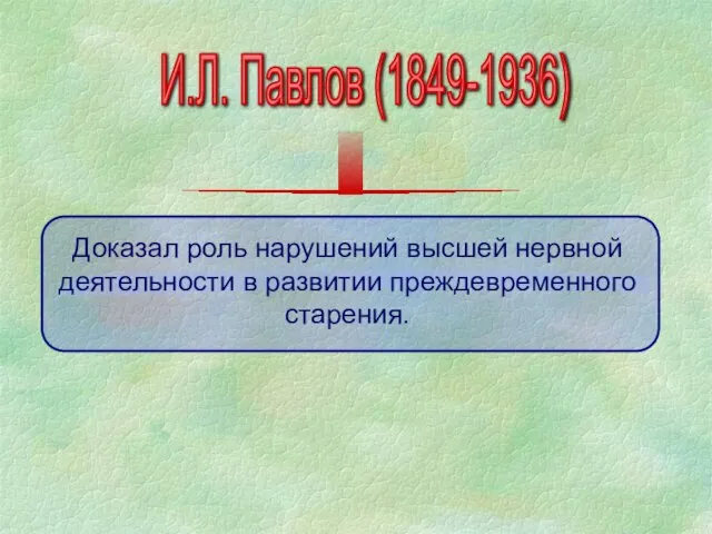 И.Л. Павлов (1849-1936) Доказал роль нарушений высшей нервной деятельности в развитии преждевременного старения.