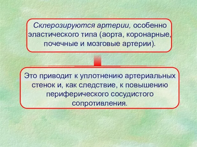 Склерозируются артерии, особенно эластического типа (аорта, коронарные, почечные и мозговые артерии).