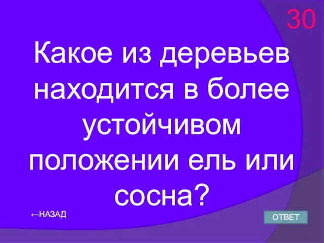 ←НАЗАД Какое из деревьев находится в более устойчивом положении ель или сосна? ОТВЕТ 30