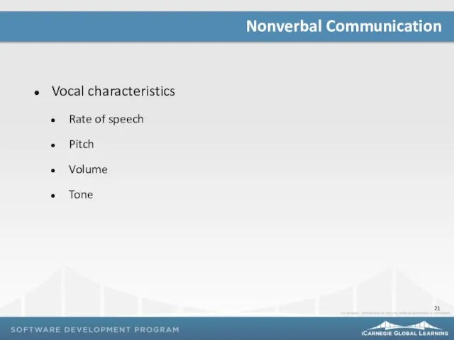 Vocal characteristics Rate of speech Pitch Volume Tone Nonverbal Communication