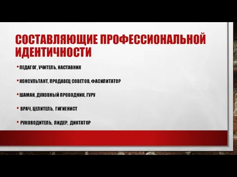 СОСТАВЛЯЮЩИЕ ПРОФЕССИОНАЛЬНОЙ ИДЕНТИЧНОСТИ ПЕДАГОГ, УЧИТЕЛЬ, НАСТАВНИК КОНСУЛЬТАНТ, ПРОДАВЕЦ СОВЕТОВ, ФАСИЛИТАТОР ШАМАН,