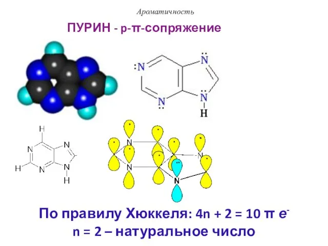 ПУРИН - p-π-сопряжение Ароматичность По правилу Хюккеля: 4n + 2 =