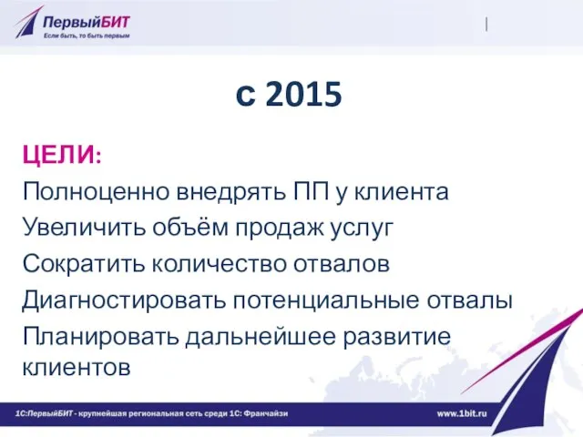 с 2015 ЦЕЛИ: Полноценно внедрять ПП у клиента Увеличить объём продаж