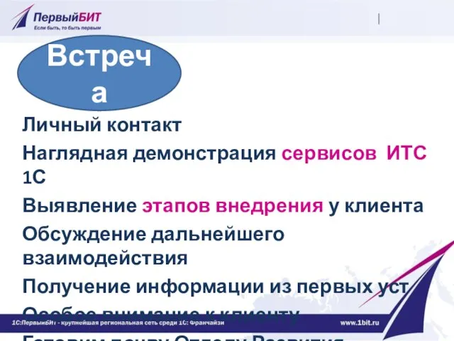 Личный контакт Наглядная демонстрация сервисов ИТС 1С Выявление этапов внедрения у