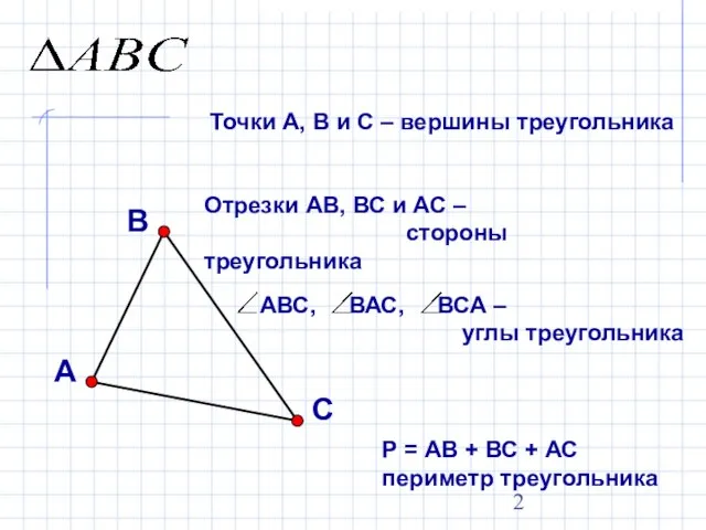 Точки А, В и С – вершины треугольника Отрезки АВ, ВС