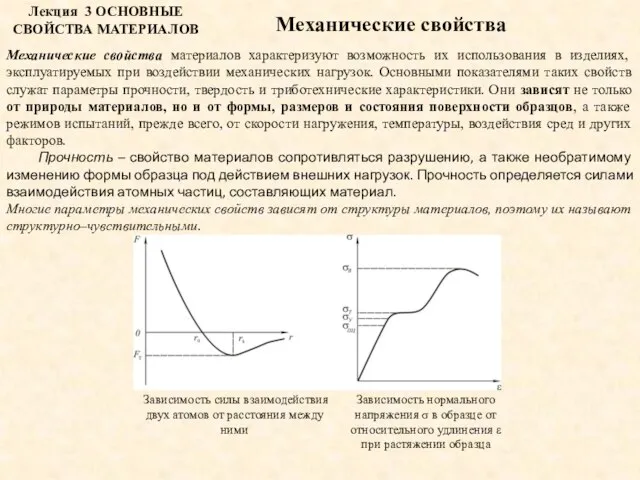 Лекция 3 ОСНОВНЫЕ СВОЙСТВА МАТЕРИАЛОВ Механические свойства материалов характеризуют возможность их