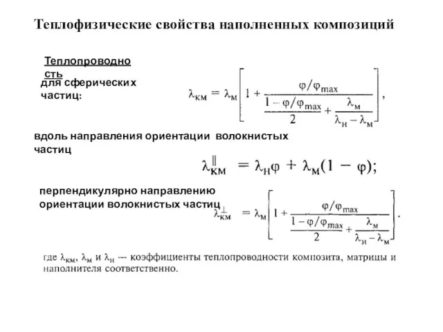 Теплофизические свойства наполненных композиций Теплопроводность для сферических частиц: вдоль направления ориентации