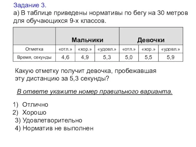 Какую отметку получит девочка, пробежавшая эту дистанцию за 5,3 секунды? В