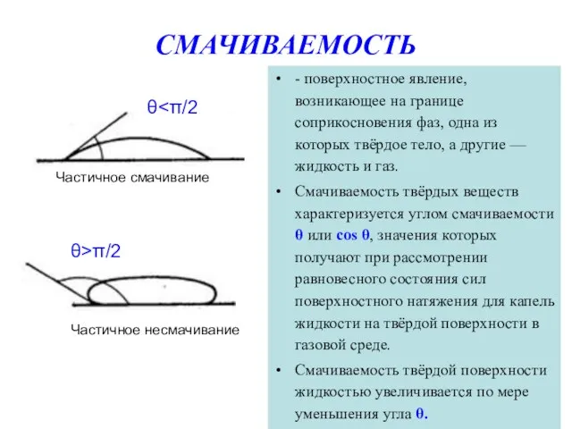 СМАЧИВАЕМОСТЬ - поверхностное явление, возникающее на границе соприкосновения фаз, одна из