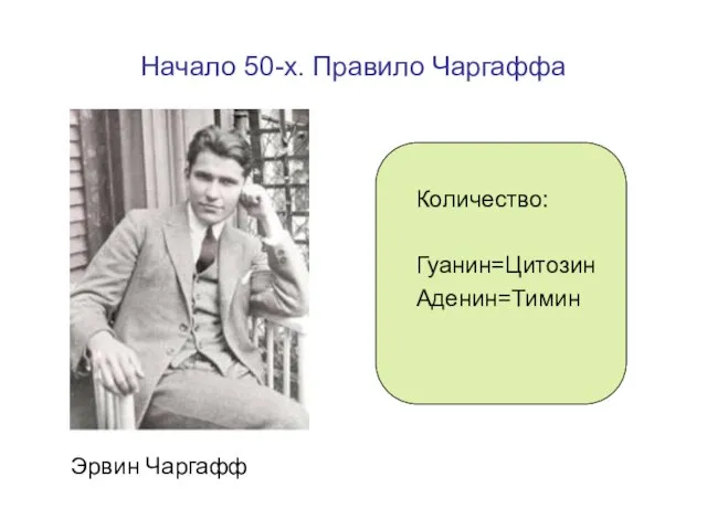 Начало 50-х. Правило Чаргаффа Эрвин Чаргафф Количество: Гуанин=Цитозин Аденин=Тимин