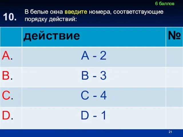 В белые окна введите номера, соответствующие порядку действий: 10. 6 баллов