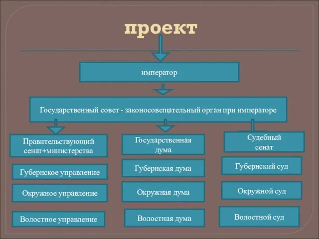 проект император Государственный совет - законосовещательный орган при императоре Правительствующий сенат+министерства