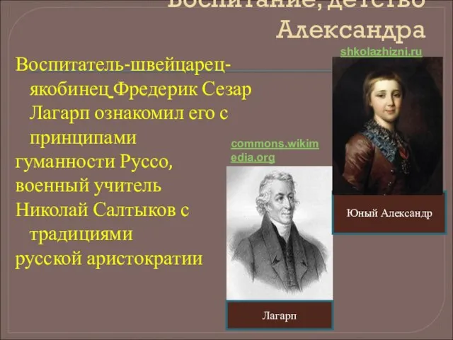 Воспитание, детство Александра Воспитатель-швейцарец-якобинец Фредерик Сезар Лагарп ознакомил его с принципами