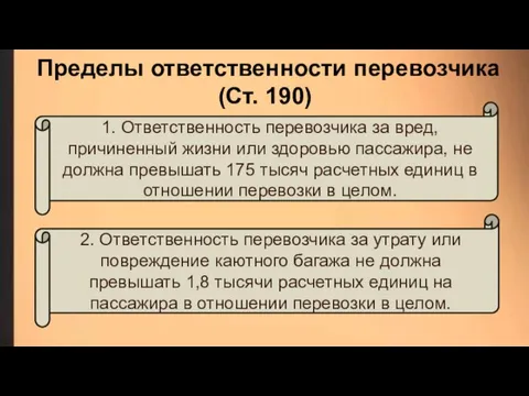 Пределы ответственности перевозчика (Ст. 190) 1. Ответственность перевозчика за вред, причиненный