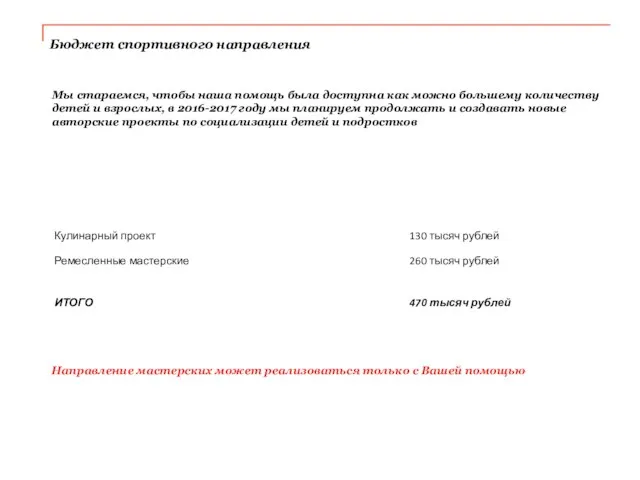 Направление мастерских может реализоваться только с Вашей помощью Бюджет спортивного направления