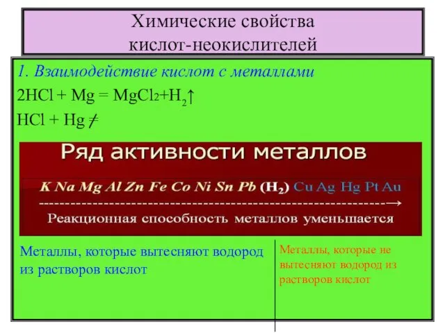 Химические свойства кислот-неокислителей 1. Взаимодействие кислот с металлами 2HCl + Mg