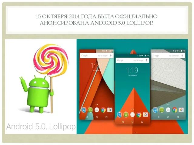 15 ОКТЯБРЯ 2014 ГОДА БЫЛА ОФИЦИАЛЬНО АНОНСИРОВАНА ANDROID 5.0 LOLLIPOP.