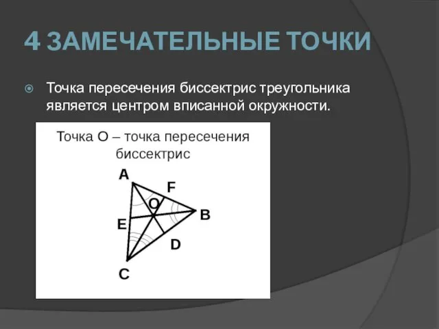 4 ЗАМЕЧАТЕЛЬНЫЕ ТОЧКИ Точка пересечения биссектрис треугольника является центром вписанной окружности.
