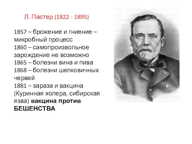 Л. Пастер (1822 - 1895) 1857 – брожение и гниение –