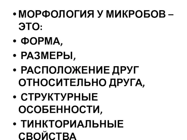 МОРФОЛОГИЯ У МИКРОБОВ – ЭТО: ФОРМА, РАЗМЕРЫ, РАСПОЛОЖЕНИЕ ДРУГ ОТНОСИТЕЛЬНО ДРУГА,