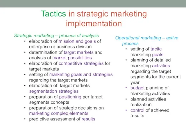 Tactics in strategic marketing implementation Strategic marketing – process of analysis