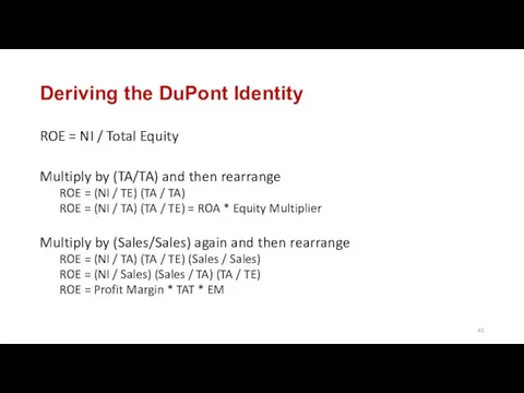 Deriving the DuPont Identity ROE = NI / Total Equity Multiply