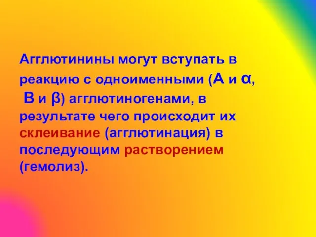 Агглютинины могут вступать в реакцию с одноименными (А и α, В