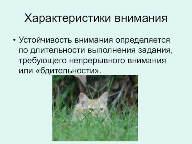 Характеристики внимания Устойчивость внимания определяется по длительности выполнения задания, требующего непрерывного внимания или «бдительности».