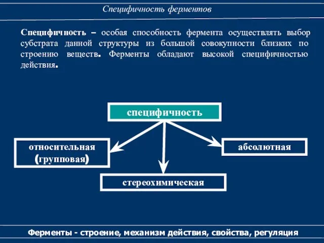 Специфичность ферментов Ферменты - строение, механизм действия, свойства, регуляция Специфичность –