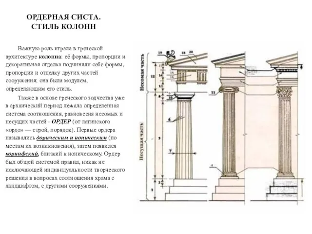 Важную роль играла в греческой архитектуре колонна: её формы, пропорции и