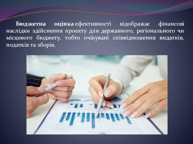 Бюджетна оцінка ефективності відображає фінансові наслідки здійснення проекту для державного, регіонального