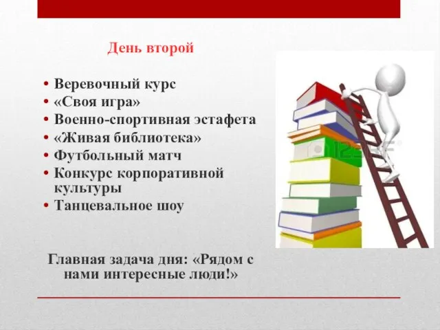 День второй Веревочный курс «Своя игра» Военно-спортивная эстафета «Живая библиотека» Футбольный