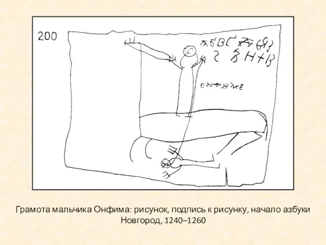 Грамота мальчика Онфима: рисунок, подпись к рисунку, начало азбуки Новгород, 1240–1260