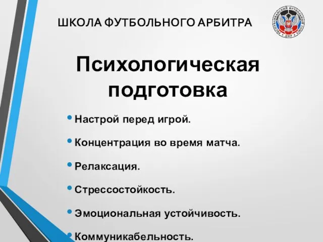 ШКОЛА ФУТБОЛЬНОГО АРБИТРА Психологическая подготовка Настрой перед игрой. Концентрация во время