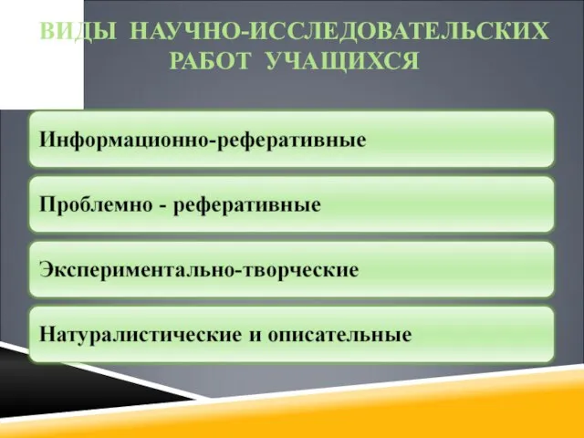 ВИДЫ НАУЧНО-ИССЛЕДОВАТЕЛЬСКИХ РАБОТ УЧАЩИХСЯ