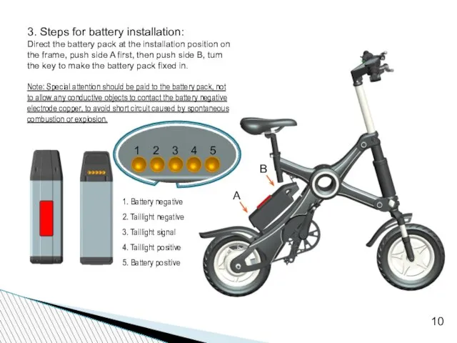 A B 3. Steps for battery installation: Direct the battery pack