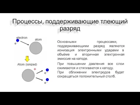 Процессы, поддерживающие тлеющий разряд Основными процессами, поддерживающими разряд являются ионизация электронными