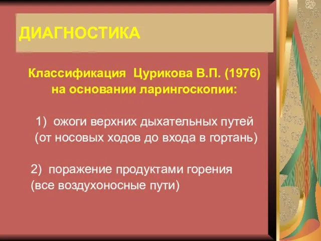 Классификация Цурикова В.П. (1976) на основании ларингоскопии: 1) ожоги верхних дыхательных