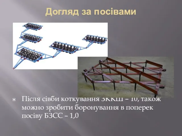 Догляд за посівами Після сівби коткування ЗККШ – 10, також можно