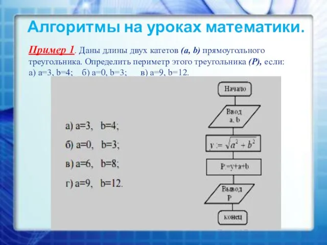 Алгоритмы на уроках математики. Пример 1. Даны длины двух катетов (a,