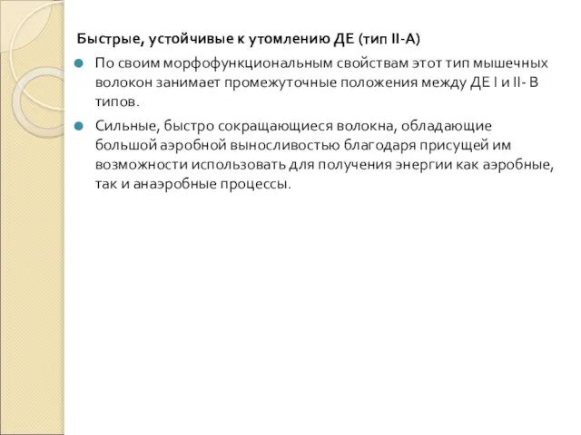 Быстрые, устойчивые к утомлению ДЕ (тип II-А) По своим морфофункциональным свойствам