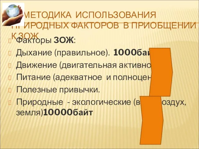 МЕТОДИКА ИСПОЛЬЗОВАНИЯ ПРИРОДНЫХ ФАКТОРОВ В ПРИОБЩЕНИИ К ЗОЖ Факторы ЗОЖ: Дыхание