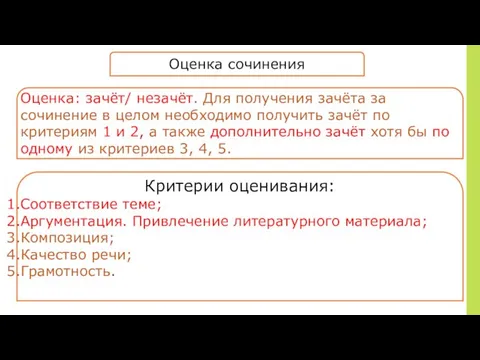 Оценка: зачёт/ незачёт. Для получения зачёта за сочинение в целом необходимо