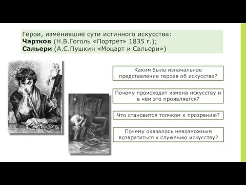 ￼ Герои, изменившие сути истинного искусства: Чартков (Н.В.Гоголь «Портрет» 1835 г.);