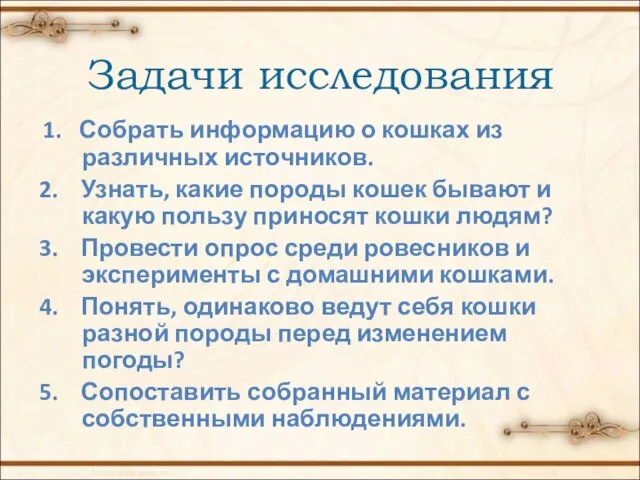 Задачи исследования 1. Собрать информацию о кошках из различных источников. 2.