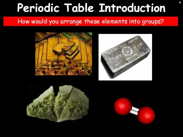 * * Periodic Table Introduction How would you arrange these elements into groups?