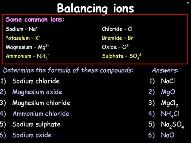 * * Balancing ions Determine the formula of these compounds: Sodium
